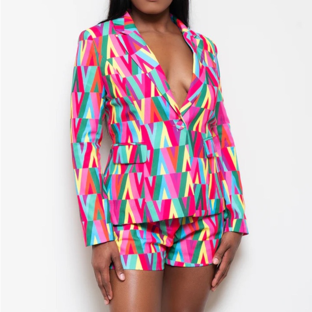 Colorblock Geometric Print Long Sleeve Lapel Collar Blazer & Shorts